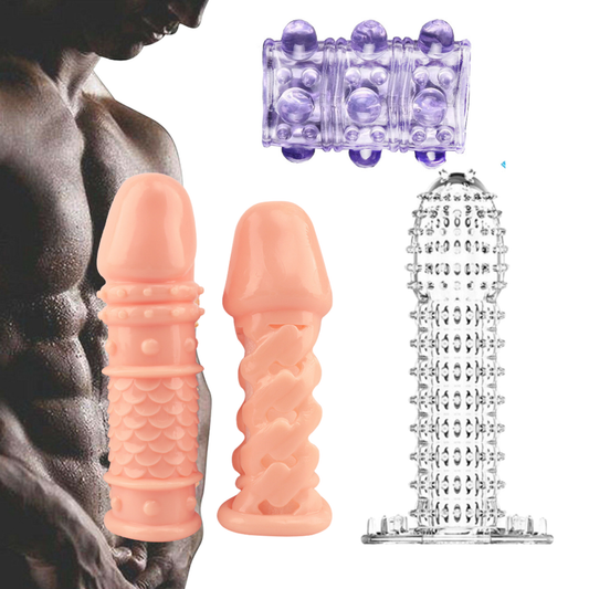 Penis Sleeve Extender 4pc Set Realistic Textured Sheath Girth Enhancer Men Toys