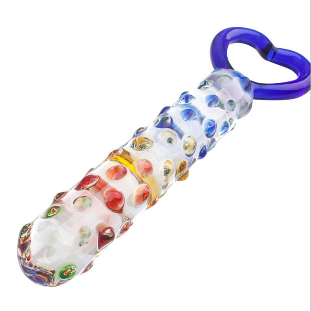 Glistening Colourful Rainbow Raindrop Textured Crystal Glass Dildo With Heart Shape Handle