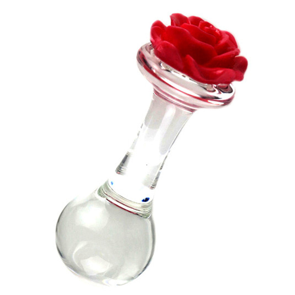 Pink Red Rose Flower Anal Butt Plug Clear Glass Dildo