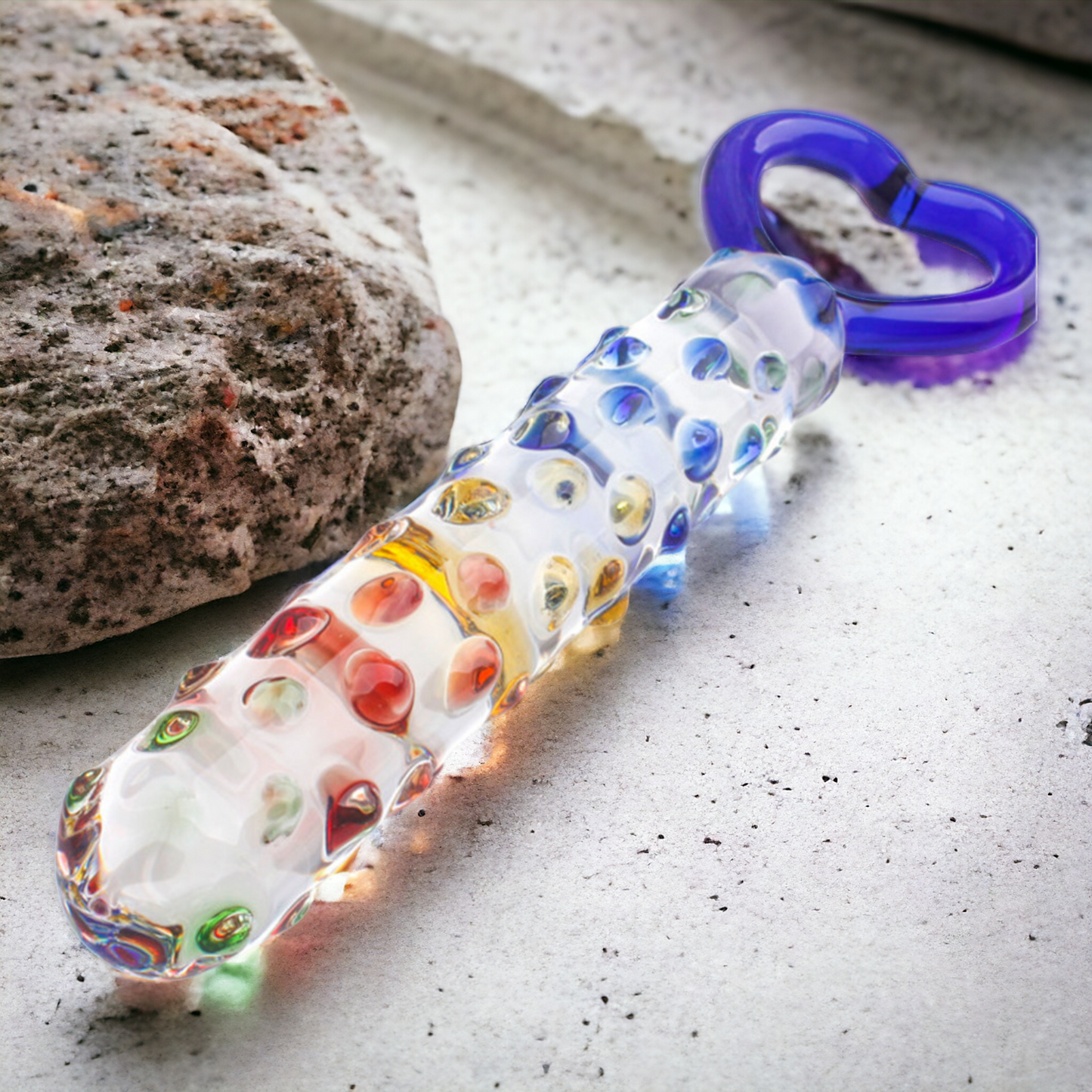 Glistening Colourful Rainbow Raindrop Textured Crystal Glass Dildo With Heart Shape Handle