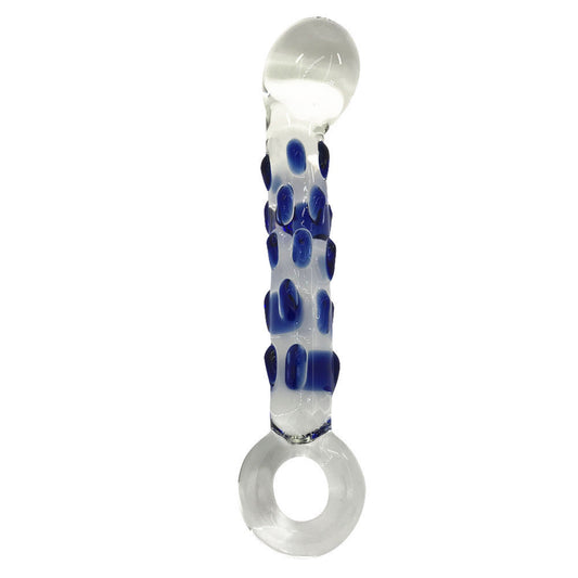 Blue Spots Transparent Glass Dildo With Ring Handle