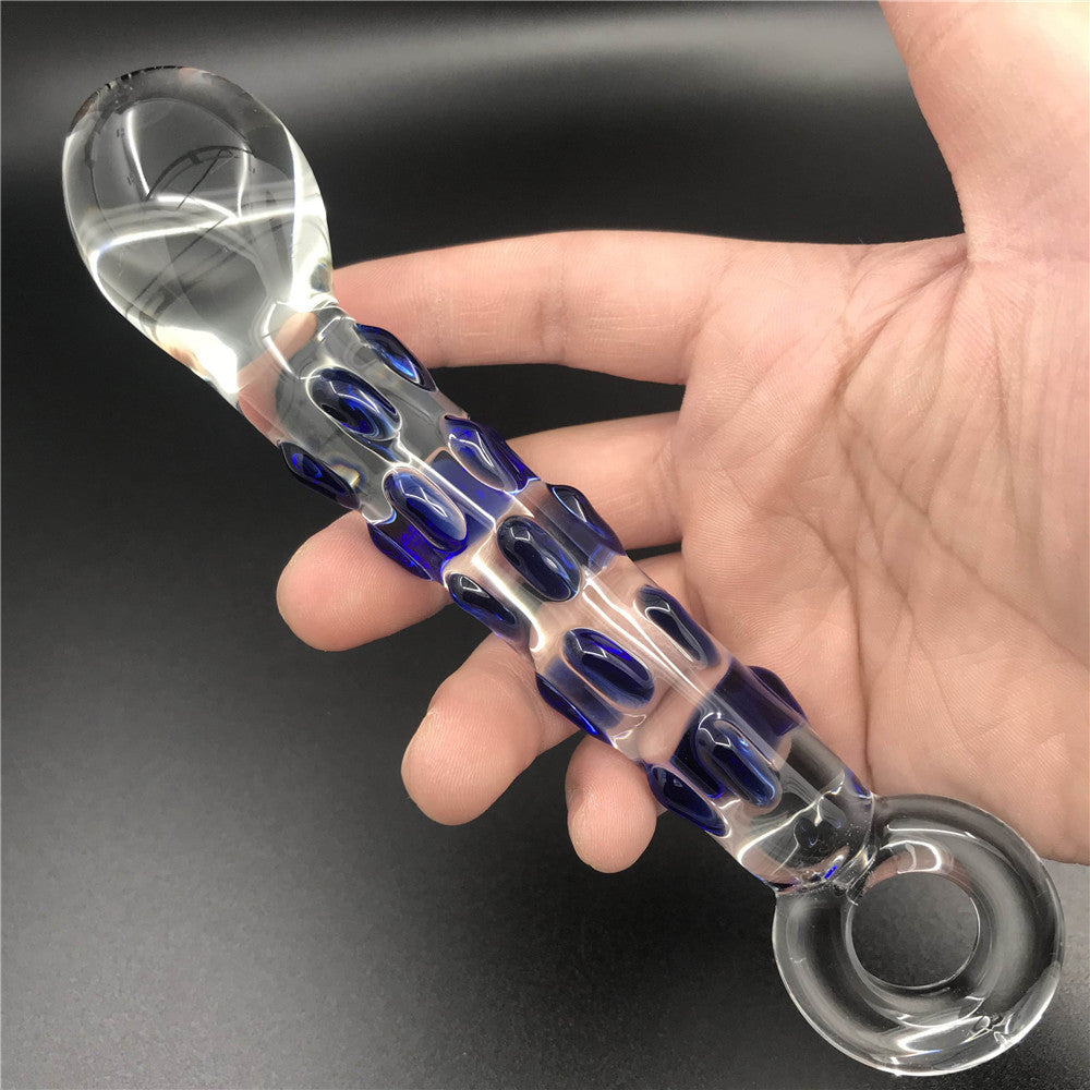 Blue Spots Transparent Glass Dildo With Ring Handle