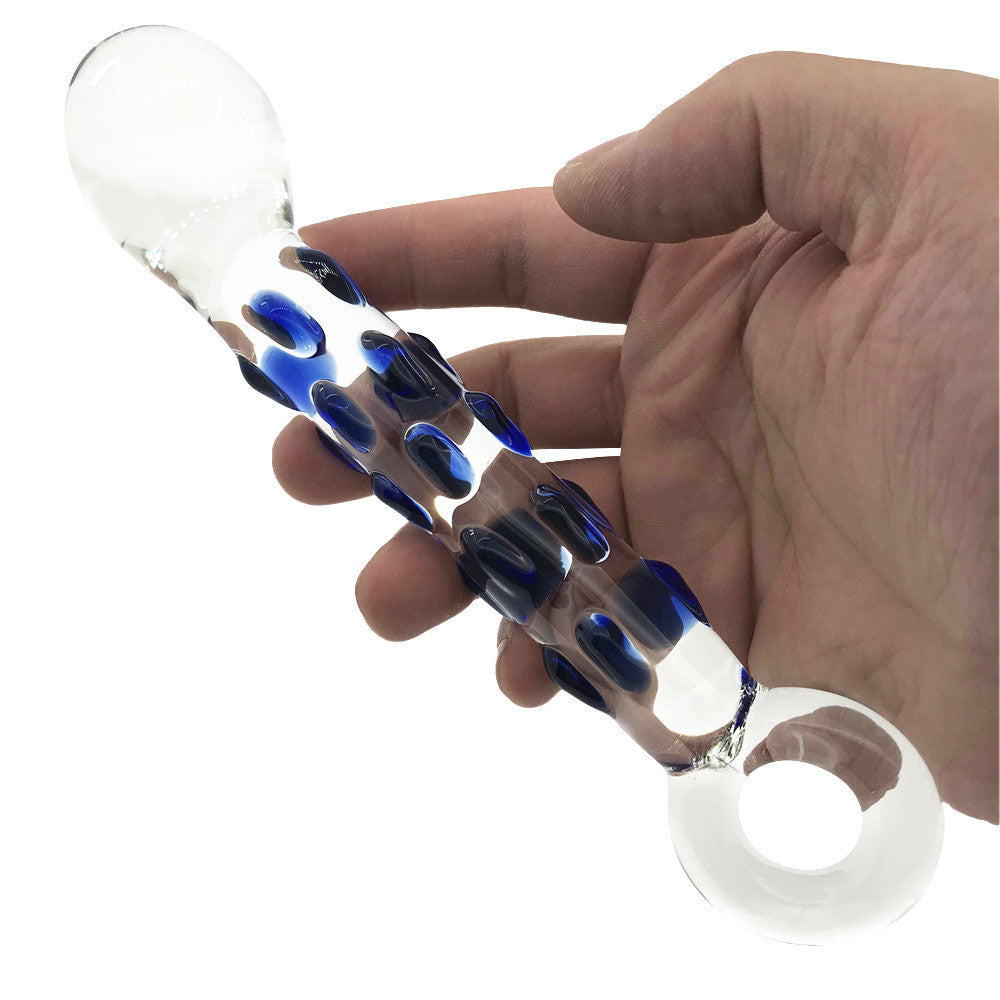 Blue Spots Transparent Glass Dildo With Ring Handle
