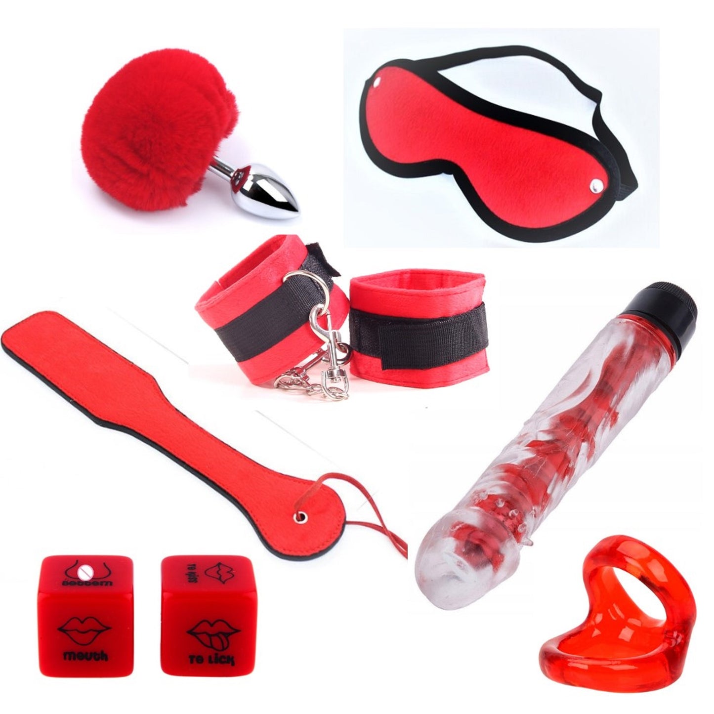 7pcs - Bundle Bondage Vibrator Cock Ring Sex Dice Spice Adult Play Set