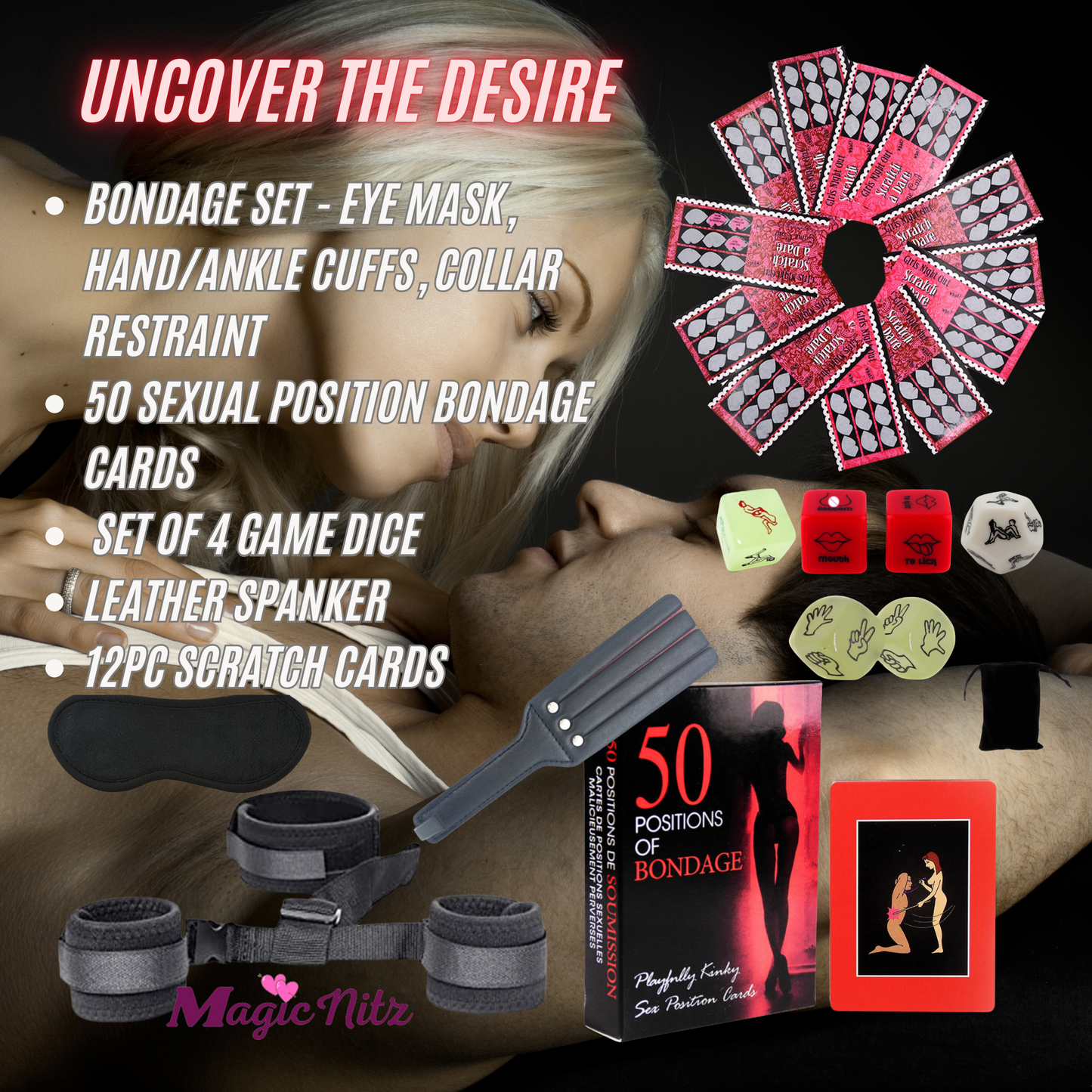 12 Nights of Desire - BDSM Adult Game Bundle- Sex Position Bondage Card, Adult Game, Scratch & Dare Card with Blind Mystery Box