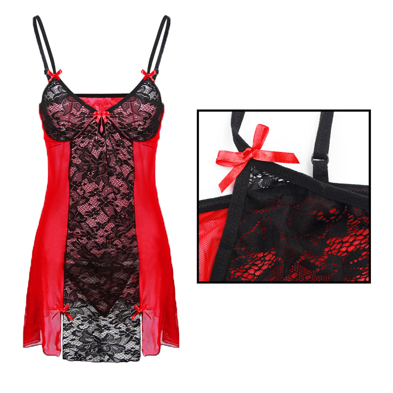 Black or Red Floral Lace Babydoll with a G-string Set