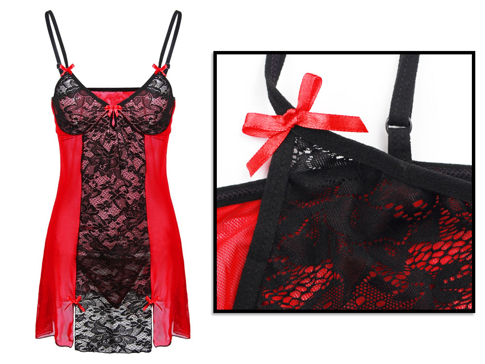 Black Red Floral Lace Babydoll & G-string Set