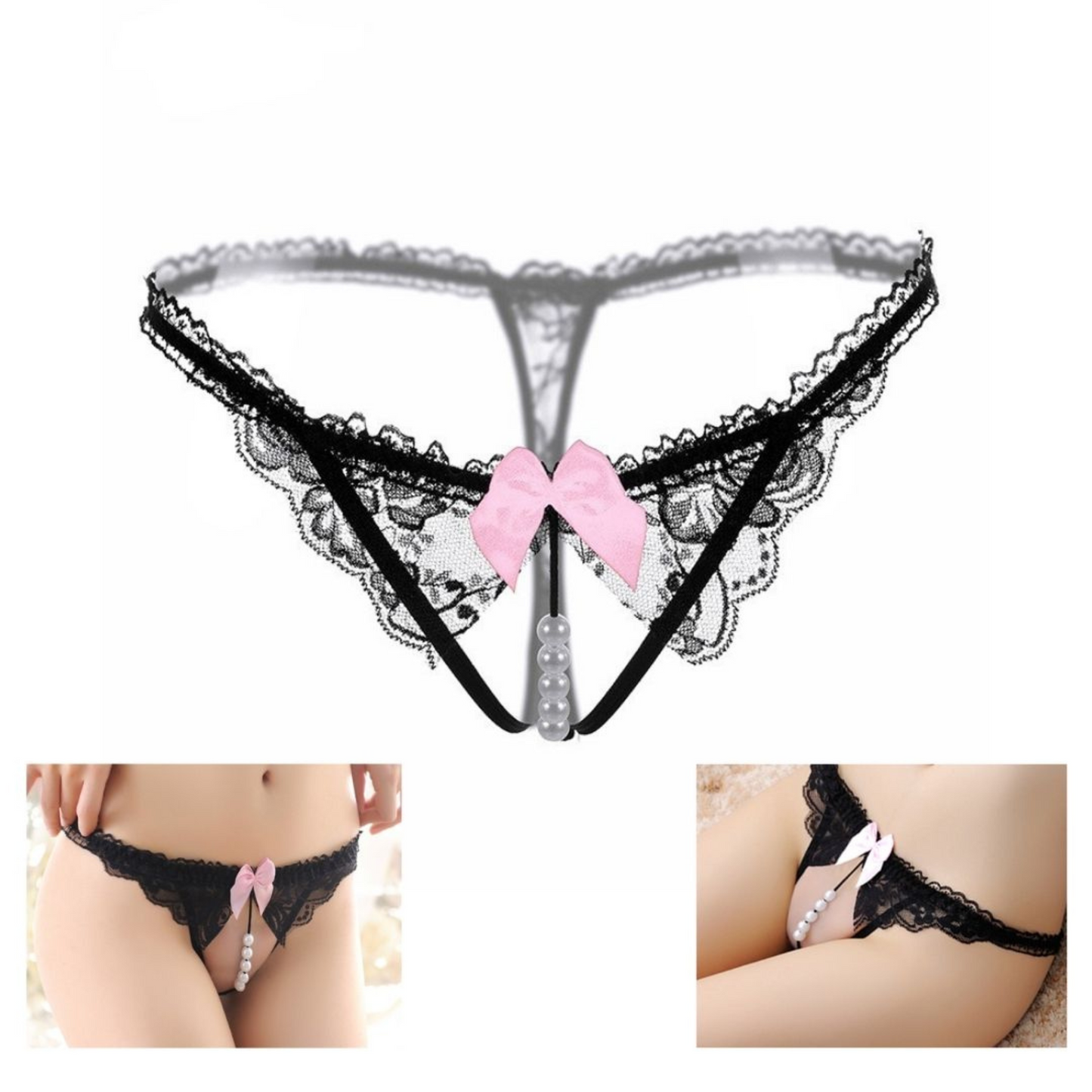 Lace Crotchless Thong with Stimulation Beads