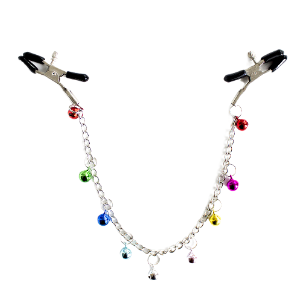Breast Simulation Clothes Pegs with Small Coloured Bells Chain Sequin Bra-Less Nipple Clamp Clips