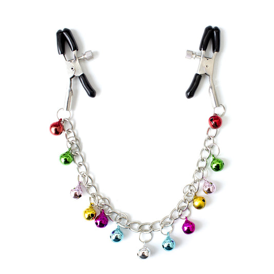 Breast Simulation Clothes Pegs with Small Coloured Bells Chain Sequin Bra-Less Nipple Clamp Clips