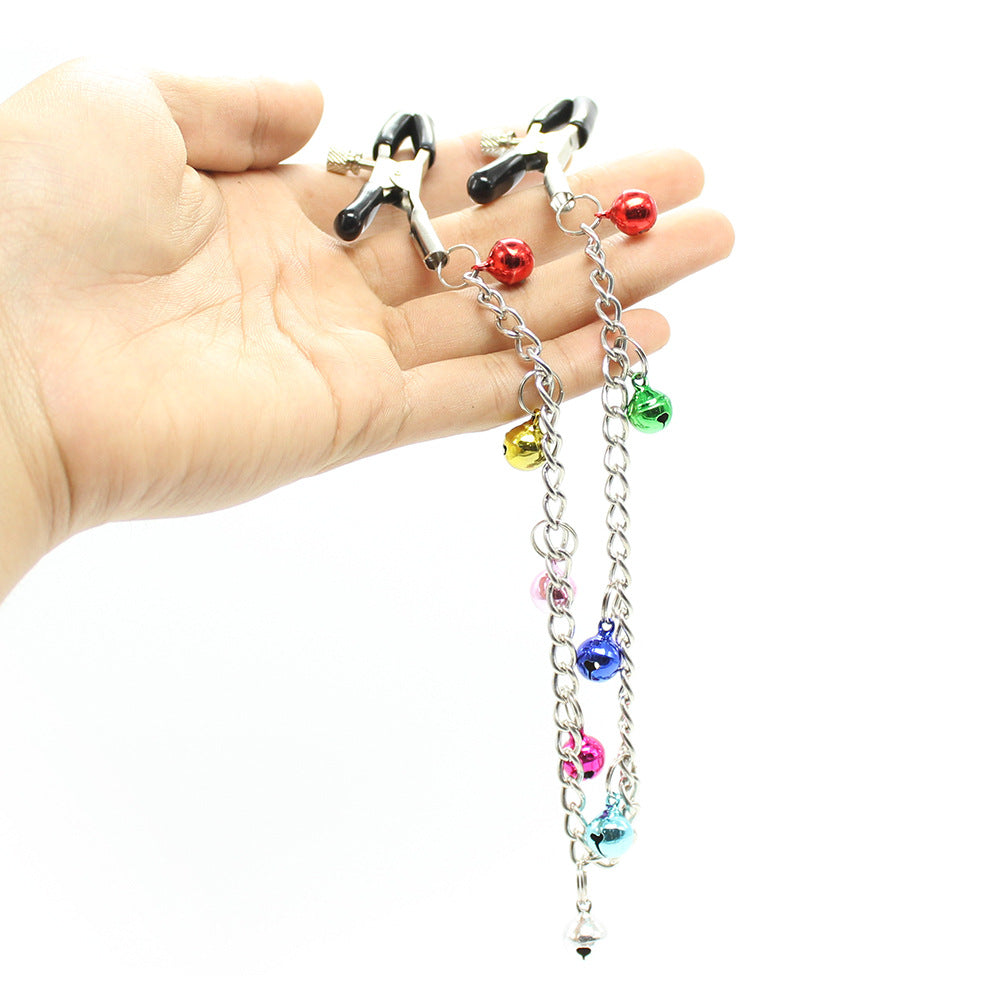 Breast Simulation Clothes Pegs with Small Coloured Bells Chain Sequin Bra-Less Nipple Clamp Clips