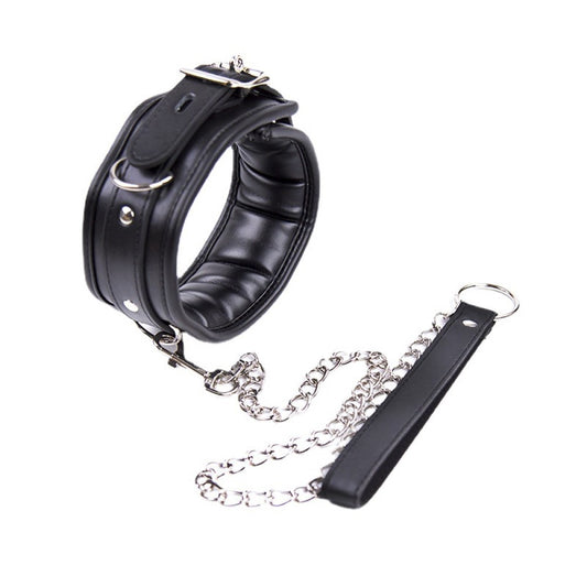 Adjustable PU Leather Choker Padded SM Neck Collar With Chain Lead Leash Restraint