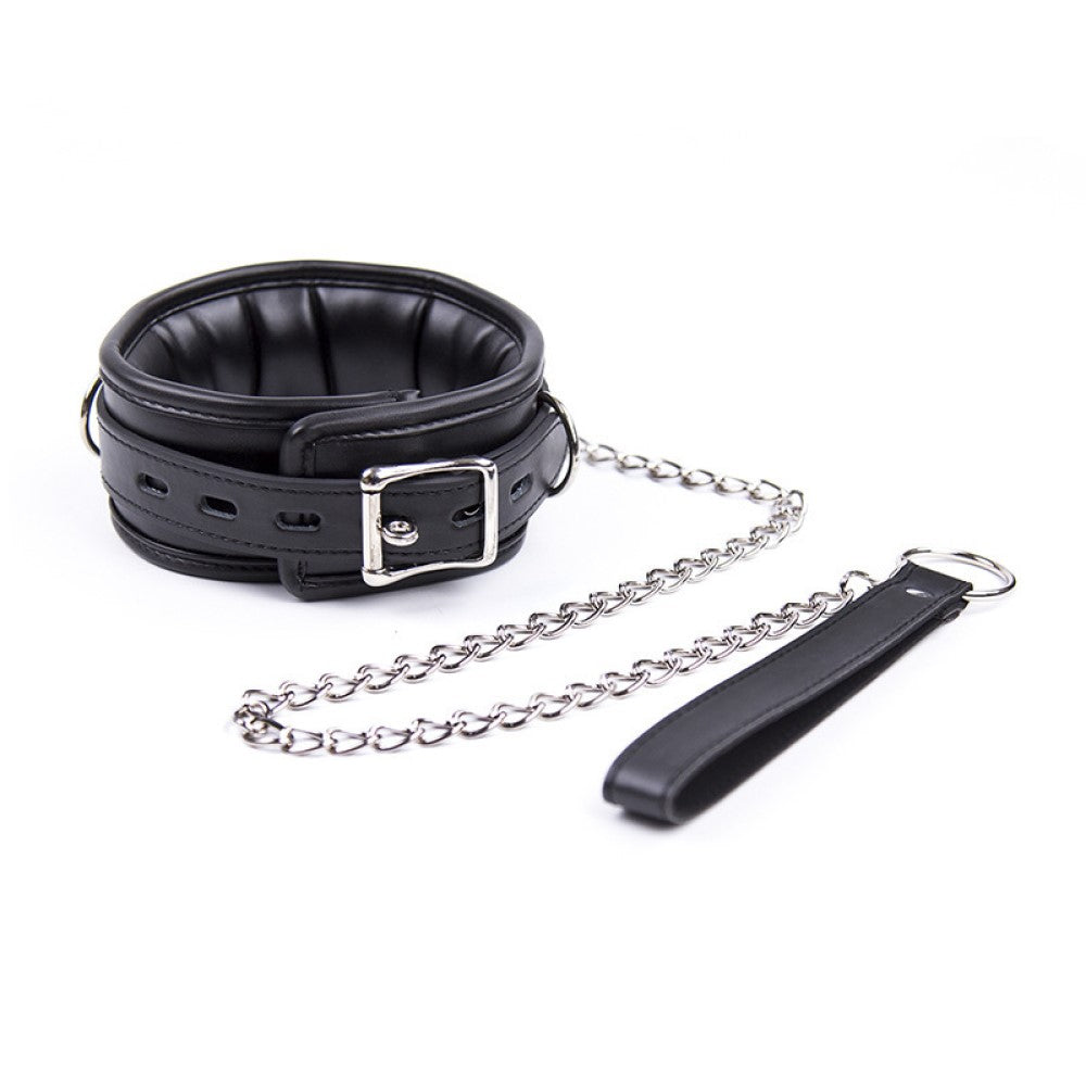 Adjustable PU Leather Choker Padded SM Neck Collar With Chain Lead Leash Restraint