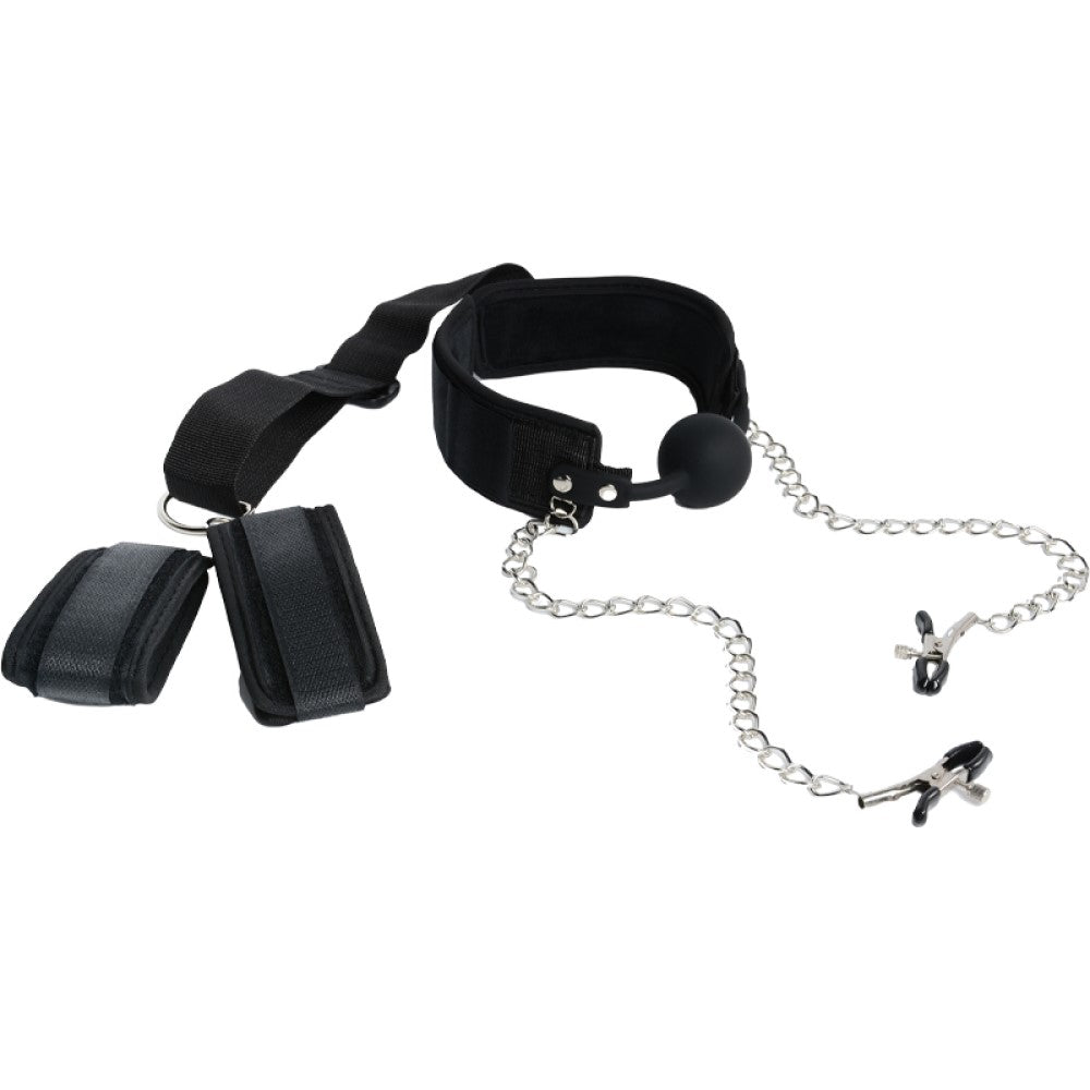 All In One Bondage Harness With Handcuffs Restraints Silicone Ball Gag Nipple Clamp
