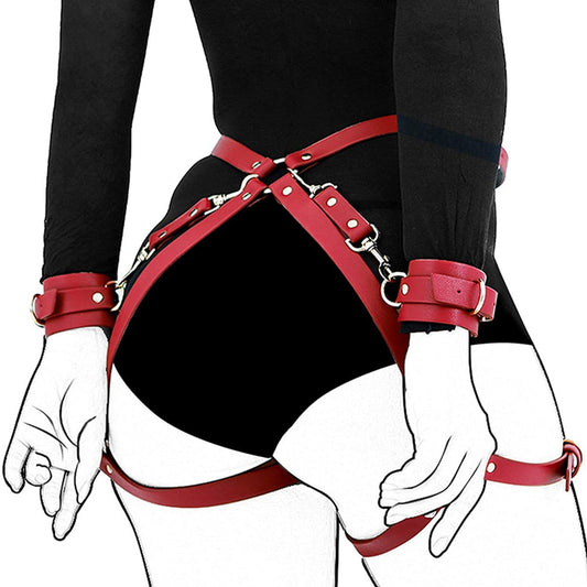 Burgundy Leather Thigh Waist Strap and Wrist Chain Cuffs Harness Bondage Set