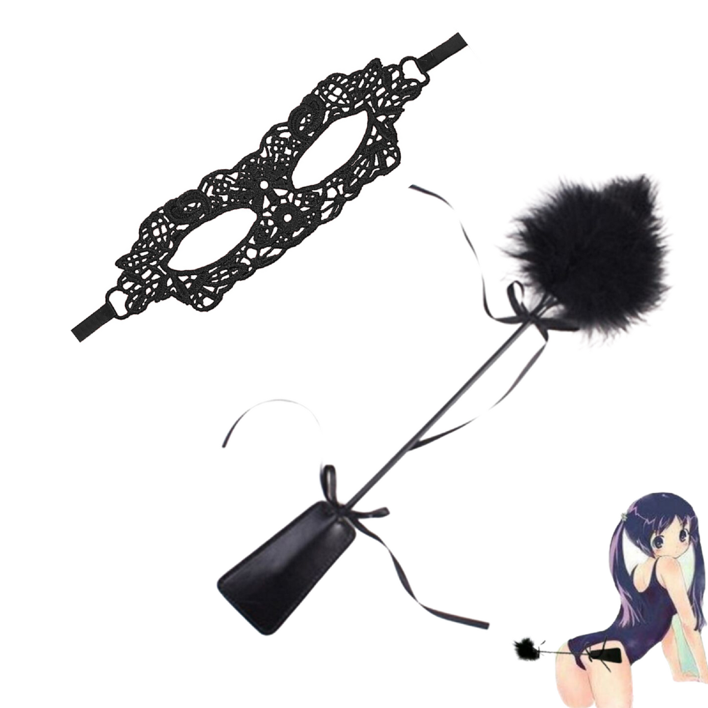 2-in-1 Spanking Paddle and Tickler and Masquerade Lace Mask Set